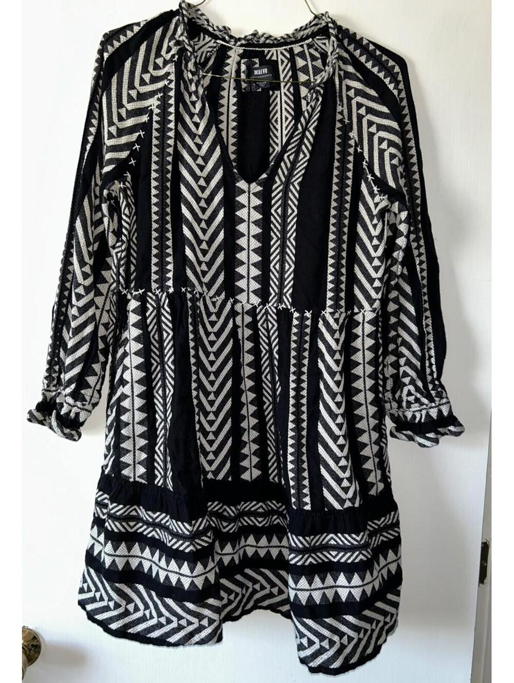 Maeve by Anthropologie Geometric Black White Tunic Dress V-Neck Long Sleeve M